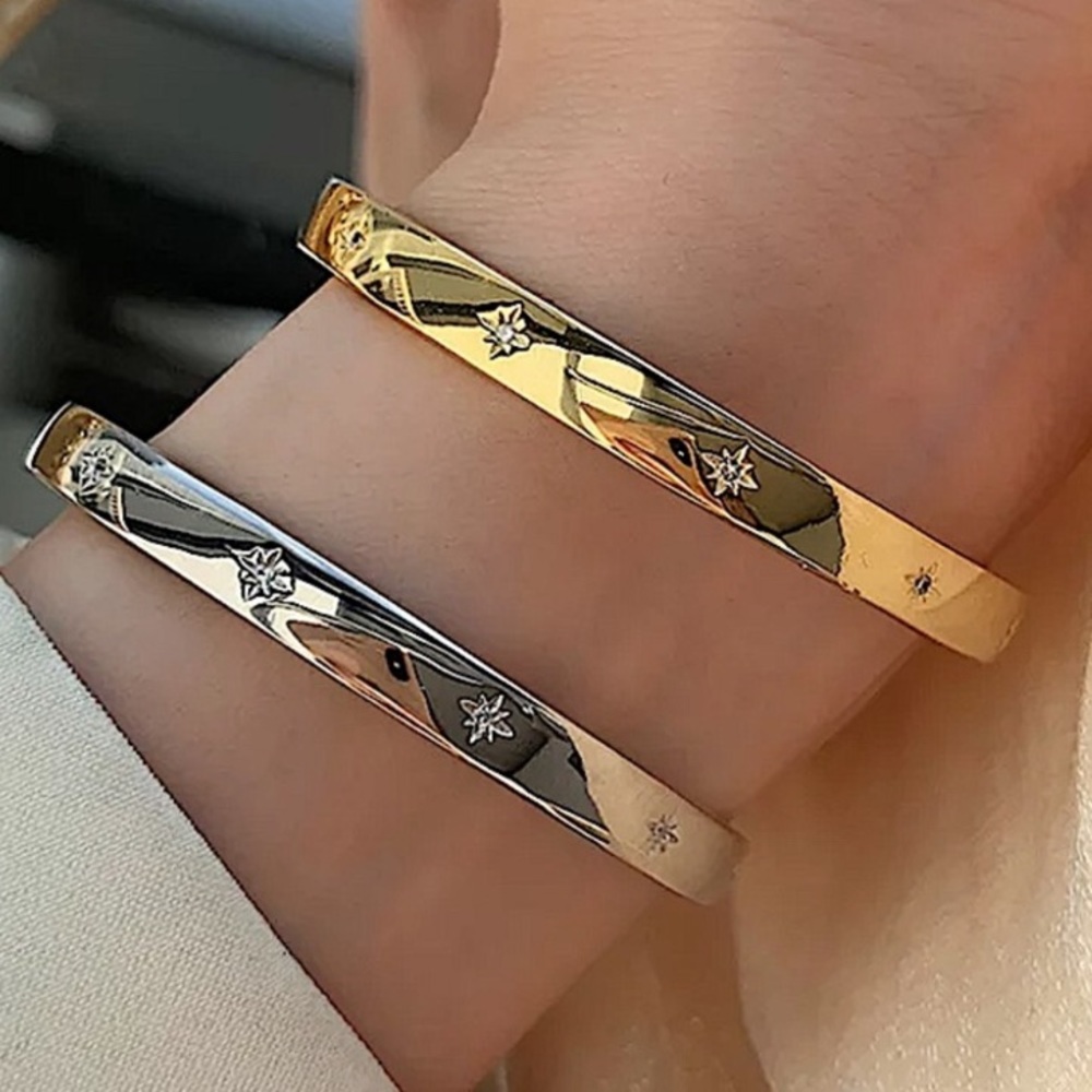 Starburst North Star SET OF TWO  Sterling Silver and Gold  Bangles Cuff Bracelet